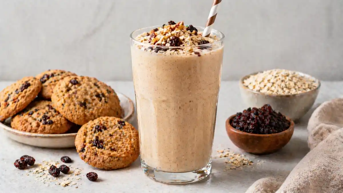 Oatmeal raisin cookie protein shake in a glass topped with oats and raisins, creamy high protein smoothie inspired by cookies