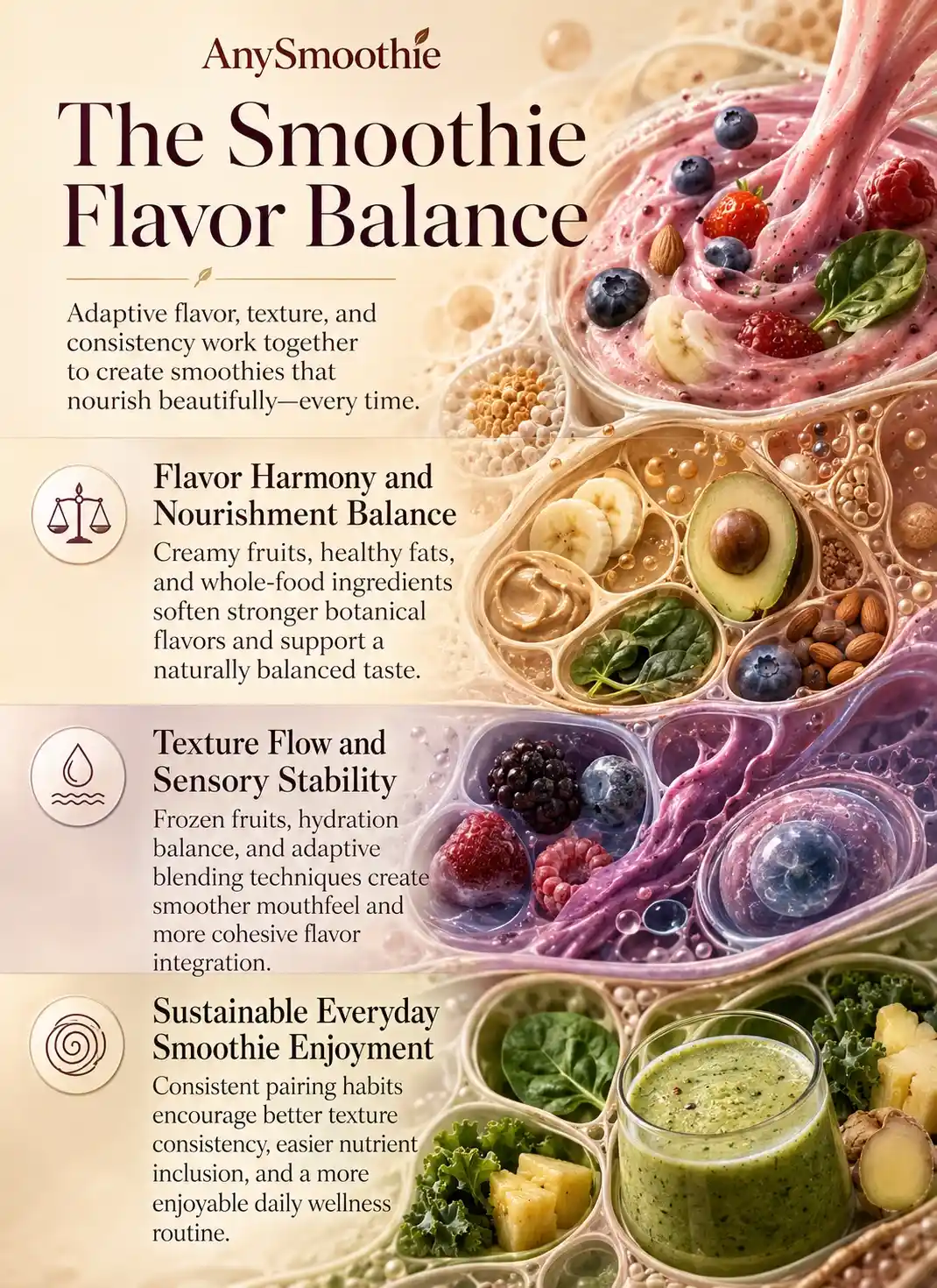 Premium wellness-science infographic illustrating smoothie formulations for substrate masking, adaptive flavor balance, texture harmony, and nutrient-dense smoothie blending with creamy fruits, frozen berries, healthy fats, and elegant biological-inspired smoothie textures.