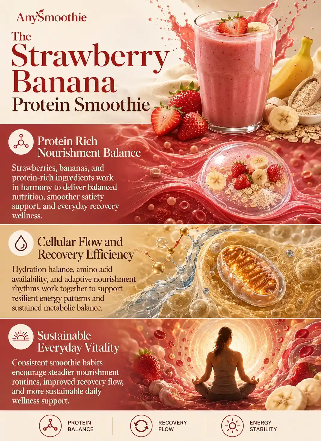 Premium wellness-science infographic illustrating strawberry and banana protein smoothie nutrition patterns associated with amino acid delivery, recovery balance, hydration support, sustainable vitality rhythms, and protein-rich nourishment using cinematic biological-inspired editorial design.