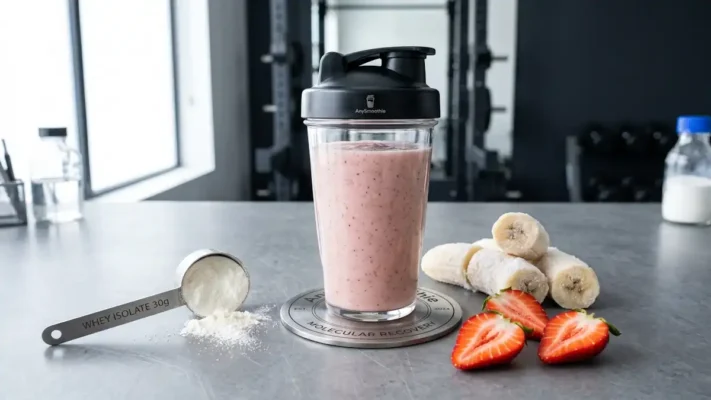A technical shaker glass filled with a thick strawberry and banana protein smoothie for myocellular protein synthesis, placed on a laser-etched titanium coaster next to sliced frozen bananas, fresh strawberries, and a precise scoop of white whey isolate powder in a clinical, high-performance laboratory setting.