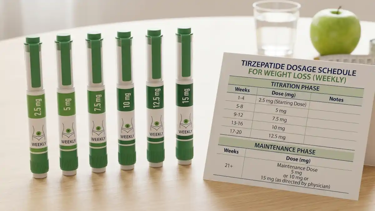 A medical infographic showing Tirzepatide injection pens and a weekly dosage titration schedule for weight loss, ranging from 2.5 mg to 15 mg.