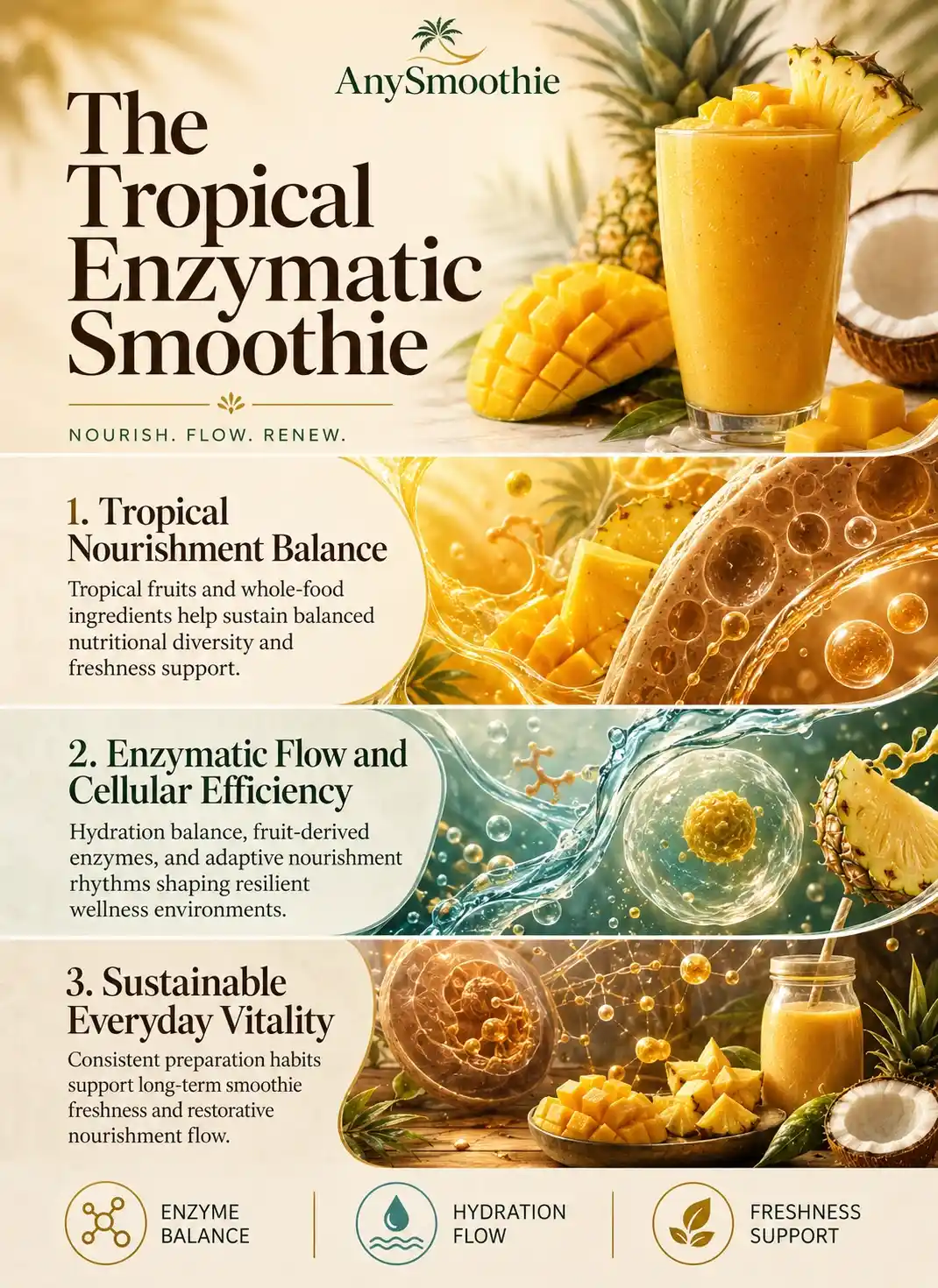 Premium wellness-science infographic for AnySmoothie featuring a tropical smoothie recipe for enzymatic preservation with mango, pineapple, hydration flow, enzyme balance, and cellular-inspired freshness visuals in a cinematic editorial design.