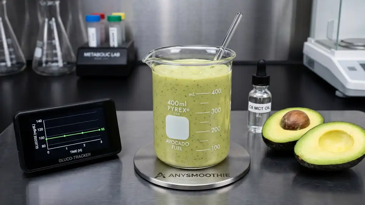 High-performance avocado protein smoothie formulation by AnySmoothie in a laboratory beaker, optimized for glycemic stability and metabolic control with C8 MCT oil.