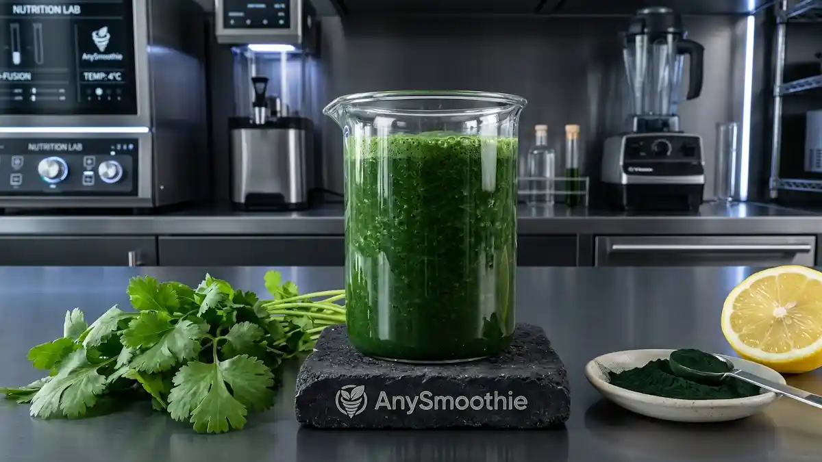 A sharp, clinical shot of a forest-green smoothie in a heavy glass beaker with a laser-etched AnySmoothie logo on a volcanic stone coaster, featuring cilantro and chlorella to demonstrate the smoothie logic for natural chelation.