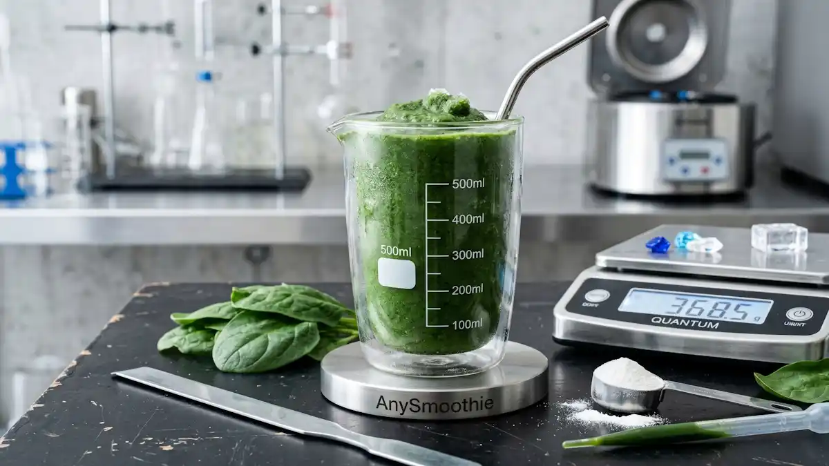 Technical borosilicate glassware containing a dense, frosted green AnySmoothie on a laser-etched titanium coaster, surrounded by spinach leaves, pure white amino acid powder, and a digital scale to illustrate a scientific approach to smoothie for nitrogen saturation.