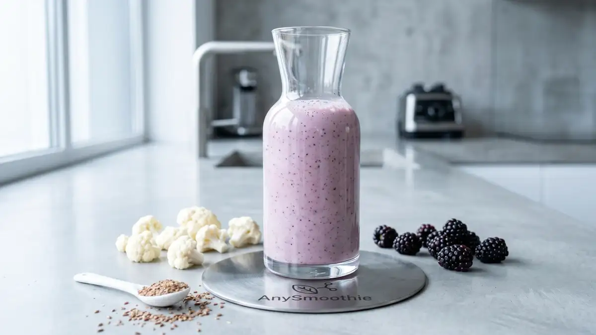 A pale-purple berry and cauliflower smoothie in a minimalist glass carafe, placed on a brushed-titanium AnySmoothie coaster. Scattered around are fresh cauliflower florets, flaxseeds, and dark blackberries on a clean concrete countertop, showcasing a blend designed to optimize natural pathways and support hormone metabolism.