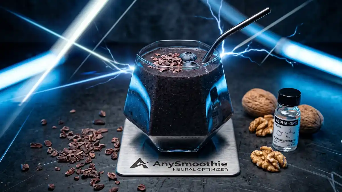 A high-performance dark cacao and blueberry smoothie for neurotransmitter signaling in a geometric glass on an AnySmoothie titanium coaster, surrounded by walnuts, cacao nibs, and an Alpha-GPC vial under electric blue lighting.