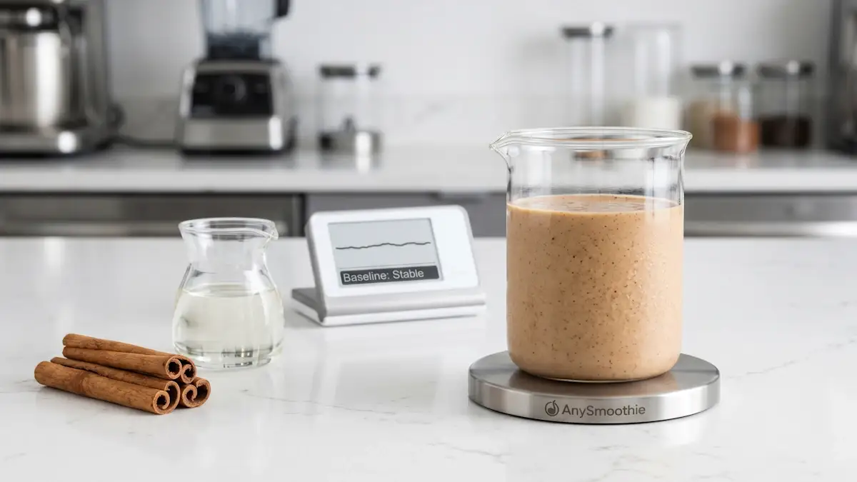A clinical, high-performance shot of an AnySmoothie cinnamon and vanilla protein smoothie in a laboratory beaker on a laser-etched titanium coaster, positioned next to C8 MCT oil, cinnamon sticks, and a digital monitor showing a stable baseline graph for gluconeogenesis regulation.