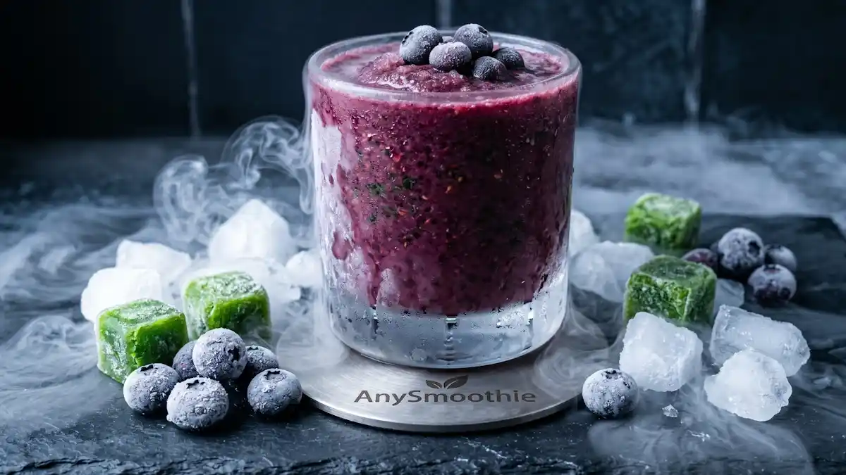A close-up shot of a thick, frosted deep-purple berry and dark green kale smoothie by AnySmoothie, showcasing cryopreserved nutrient density inside a condensation-covered borosilicate glass on a laser-etched titanium coaster surrounded by frozen wild blueberries and dry ice vapor.