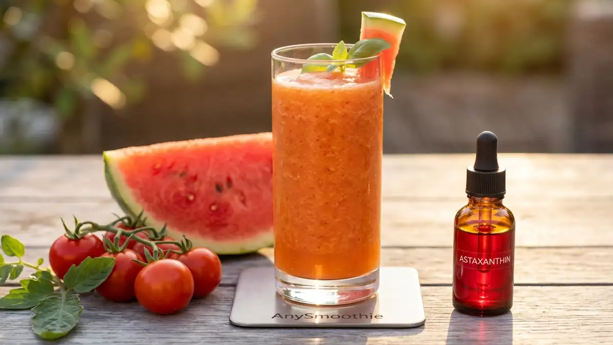 A sharp, high-performance product shot of an AnySmoothie tomato and watermelon blend on a laser-etched brushed-titanium coaster, surrounded by ripe vine tomatoes, a watermelon slice, and a ruby-red astaxanthin oil dropper, engineered for smoothie dermal photoprotection repair under technical golden-hour lighting.