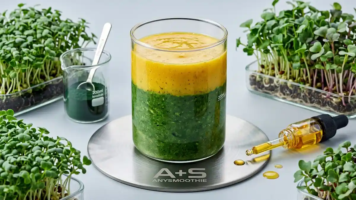 A high-performance emerald and gold layered AnySmoothie in a minimalist technical glass on a laser-etched titanium coaster, featuring a smoothie high density nutrient flux formulation surrounded by microgreens, chlorella beaker, and lecithin oil dropper in a clinical laboratory setting.