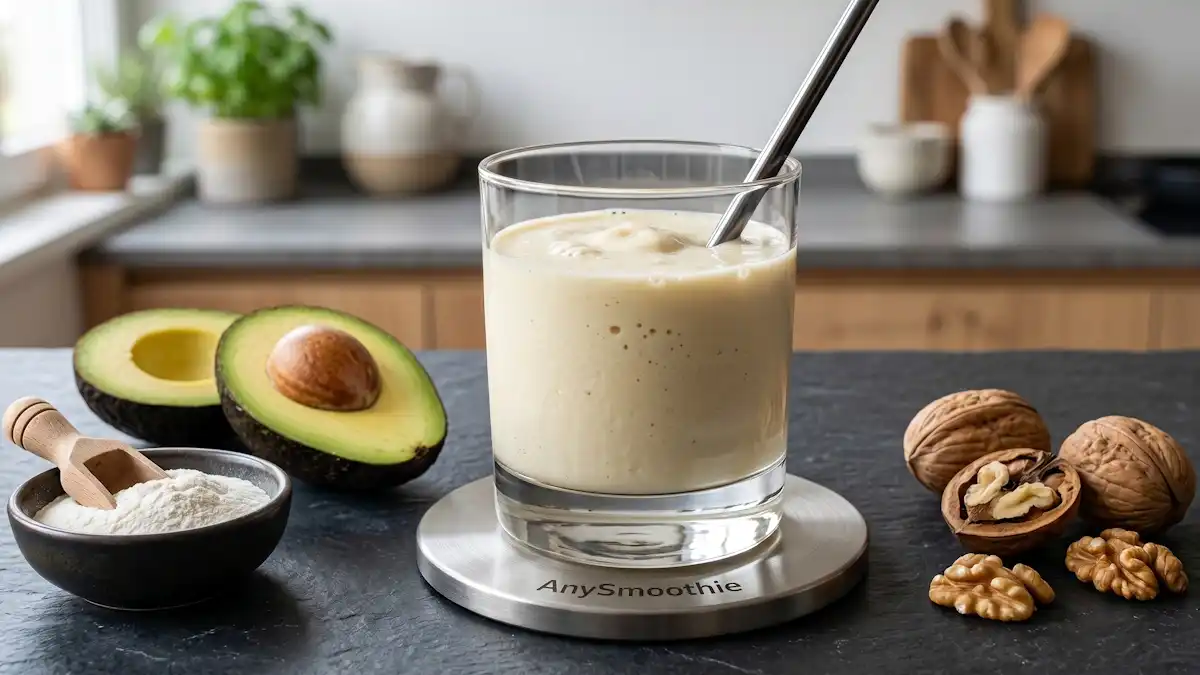 Ultra-viscous ivory smoothie on a laser-etched titanium coaster with avocado and glucomannan, demonstrating smoothie hormone mediated satiety mechanisms for metabolic stability.