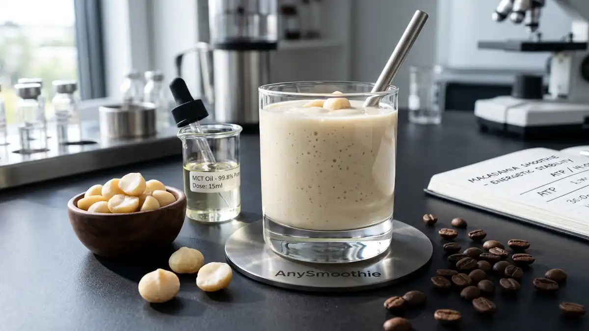 A technical, high-contrast shot of a macadamia smoothie in a heavy-bottomed glass on a laser-etched titanium coaster, featuring MCT oil and coffee beans to illustrate smoothie protocols for lipid-based energy flux.