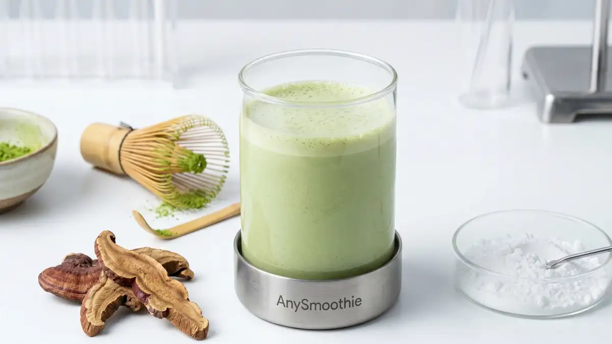 A high-performance AnySmoothie matcha and reishi mushroom smoothie for immunomodulation, served in a technical glass on a brushed-titanium coaster, surrounded by lactoferrin isolate powder and a bamboo whisk in a clinical laboratory setting.