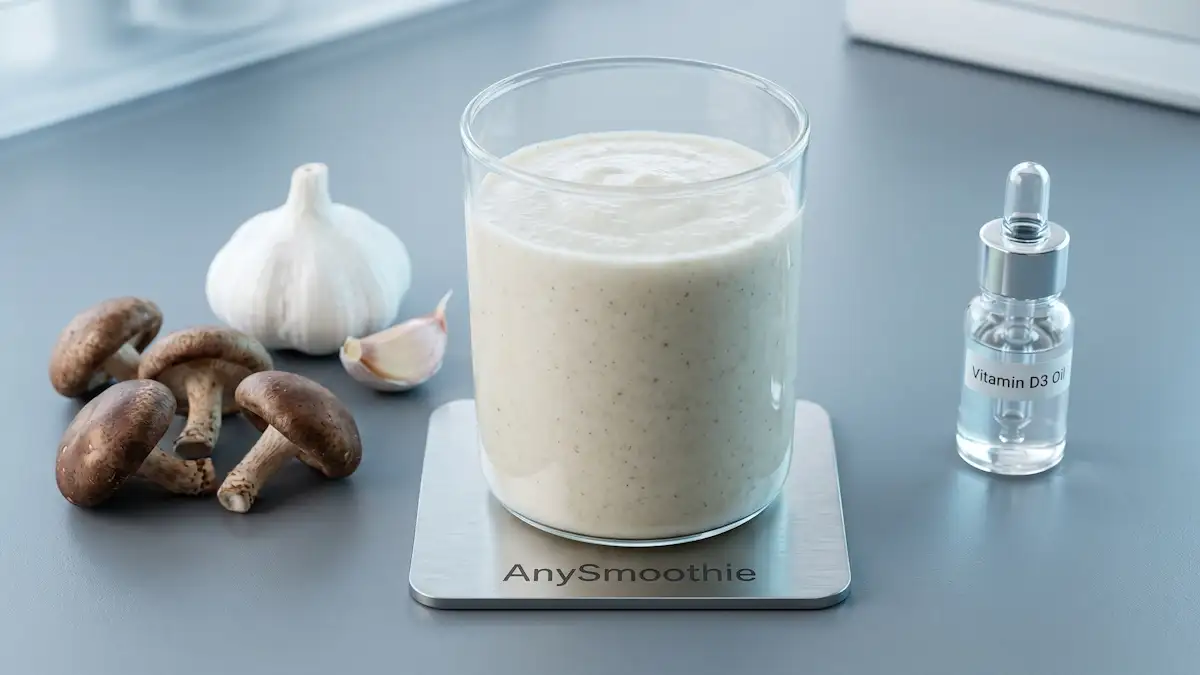 High-performance AnySmoothie shot featuring a mushroom and pear blend in a borosilicate glass, placed on a titanium coaster with fresh shiitake, white garlic, and Vitamin D3 oil to demonstrate smoothie protocols innate immune signaling and systemic defense.