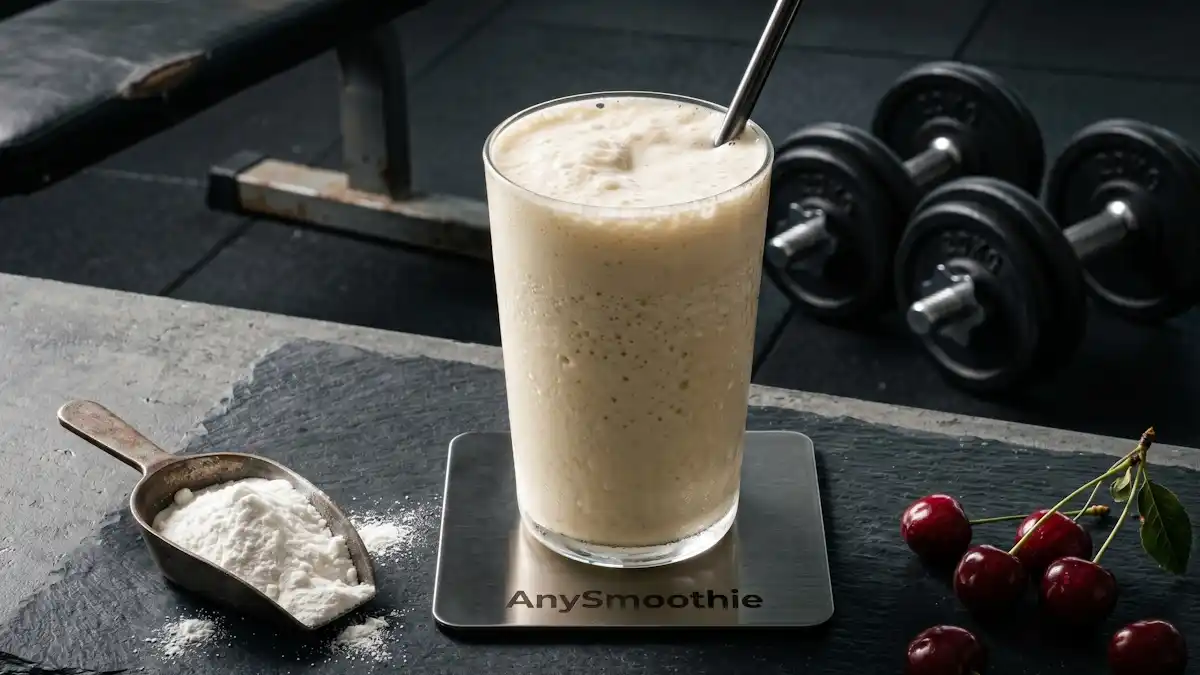 High-viscosity vanilla protein smoothie by AnySmoothie on a platinum coaster with creatine powder and tart cherries, designed for elite smoothie protocols supporting myofibrillar synthesis.