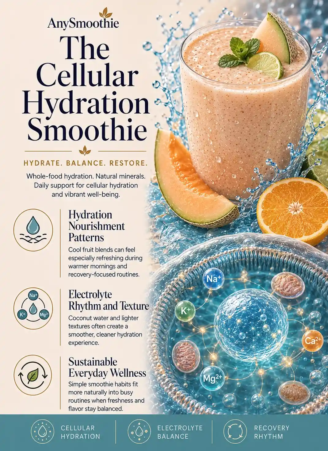 Premium wellness-science editorial infographic for smoothie for cellular hydration and electrolyte balance featuring melon and citrus smoothie nutrition, electrolyte-rich hydration wellness, restorative recovery nourishment, and cinematic intracellular-inspired biological visuals.
Description