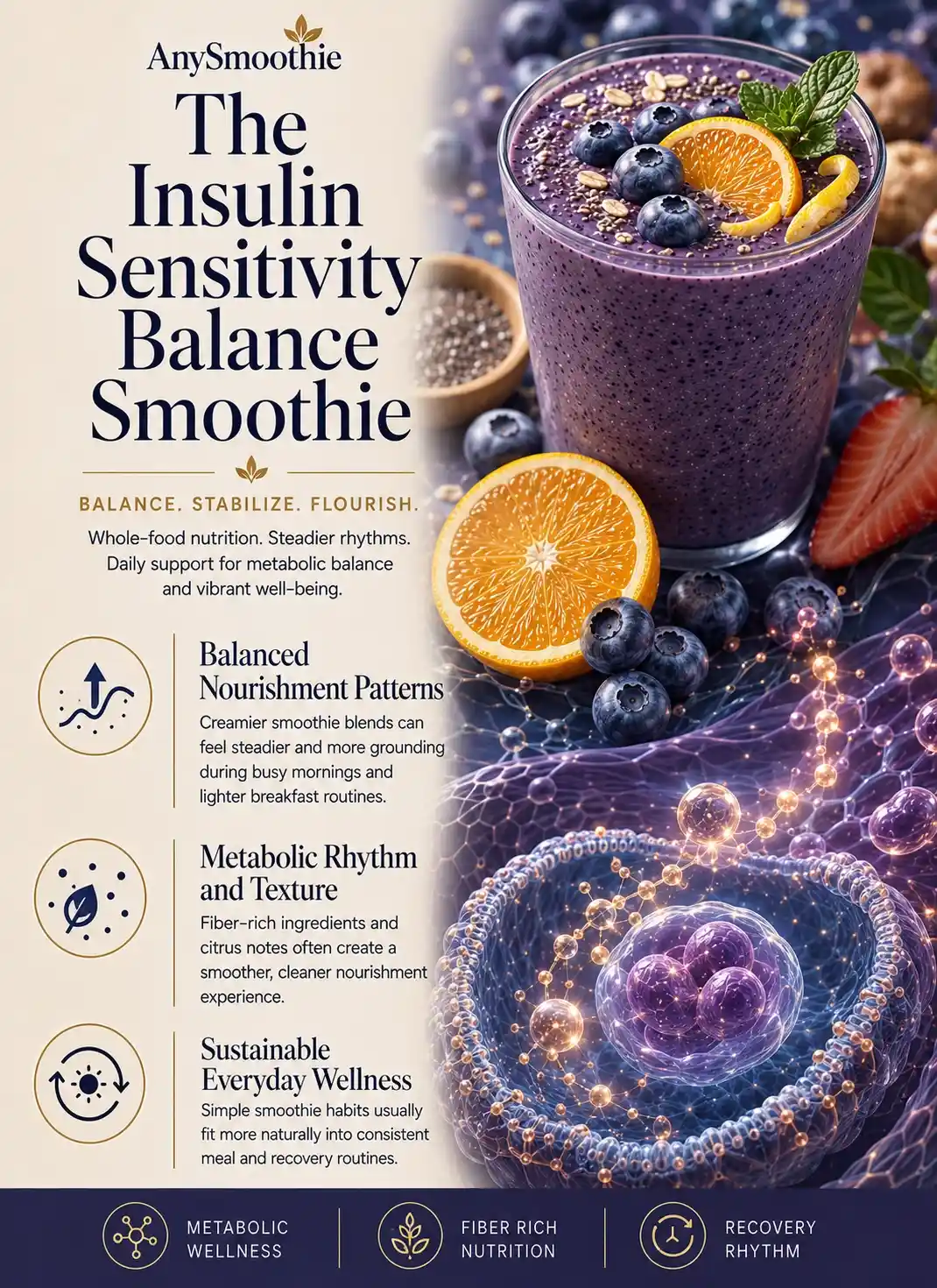 Premium wellness-science editorial infographic for smoothie for cellular hydration and electrolyte balance featuring berry and citrus smoothie nutrition, metabolic wellness support, fiber-rich nourishment, and cinematic intracellular-inspired biological visuals.