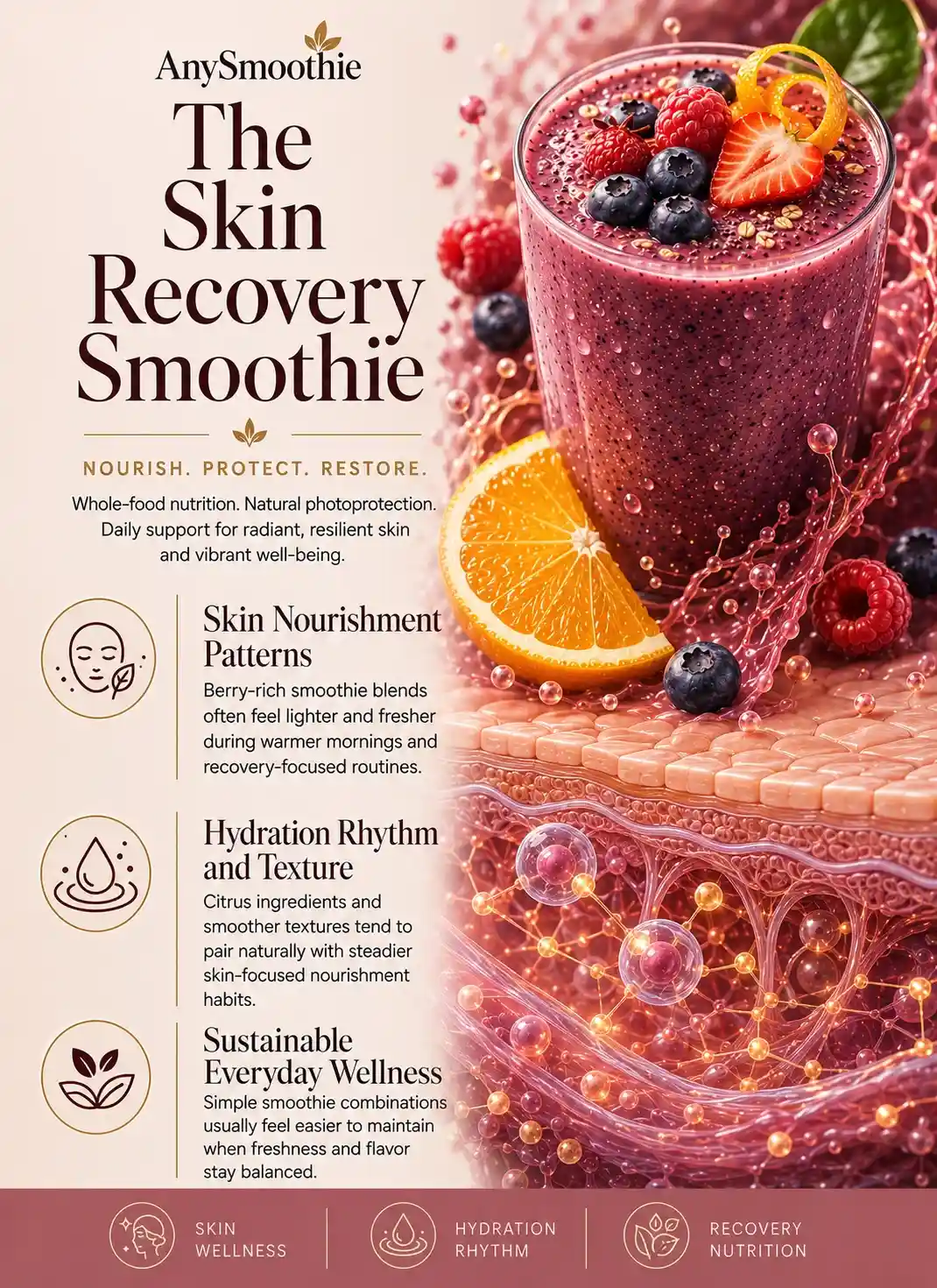 Premium wellness-science editorial infographic for smoothie for dermal photoprotection and repair featuring berry and citrus smoothie nutrition, skin hydration wellness, restorative recovery nourishment, and cinematic dermal-inspired biological visuals.