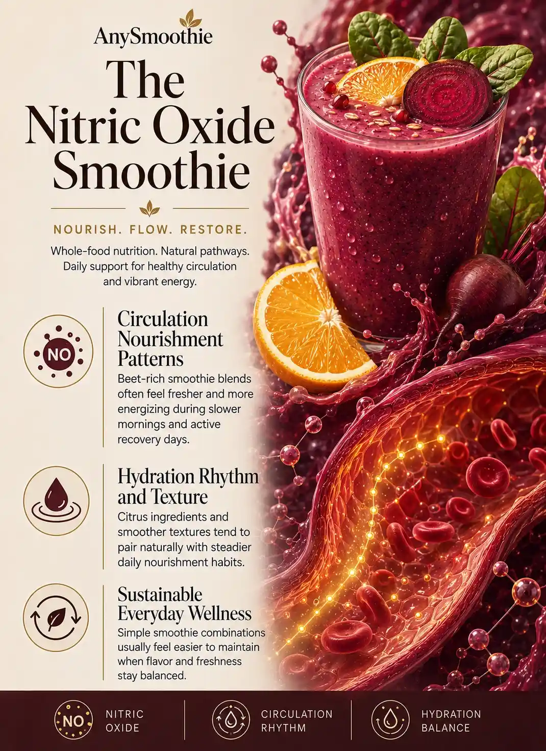Premium wellness-science editorial infographic for smoothie for endothelial function and nitric oxide featuring beet and citrus smoothie nutrition, circulation-focused wellness, hydration balance, and cinematic vascular-inspired biological visuals.