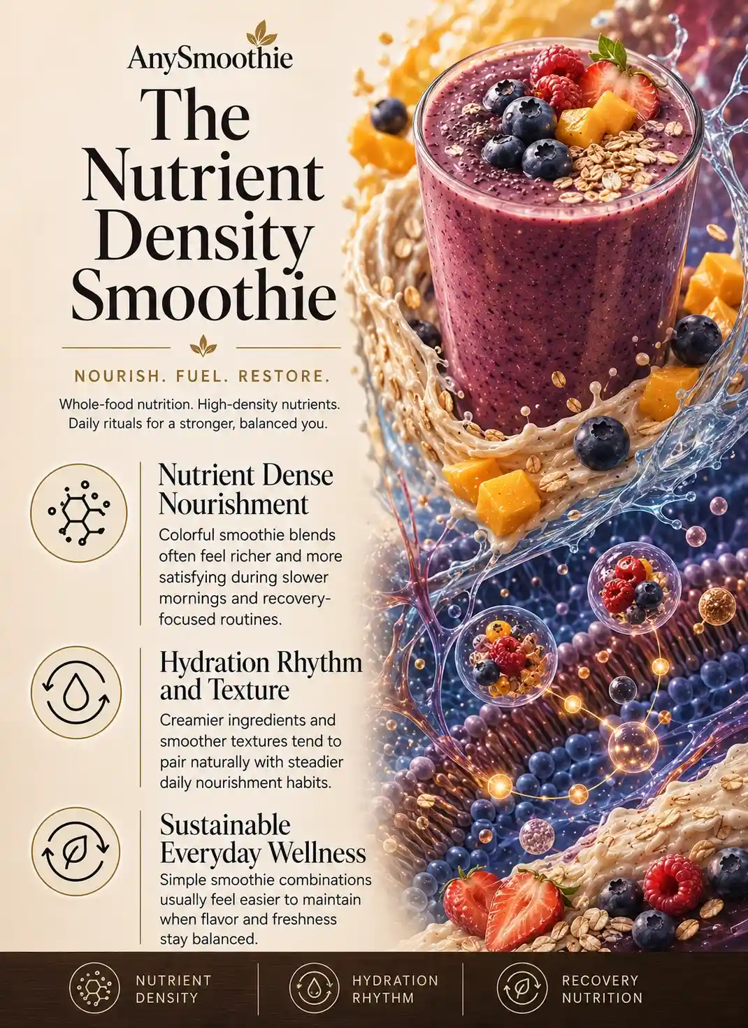 Premium wellness-science editorial infographic for smoothie for high density nutrient flux featuring berry and mango smoothie nutrition, hydration-focused recovery wellness, nutrient-rich whole-food ingredients, and cinematic intracellular-inspired biological visuals.