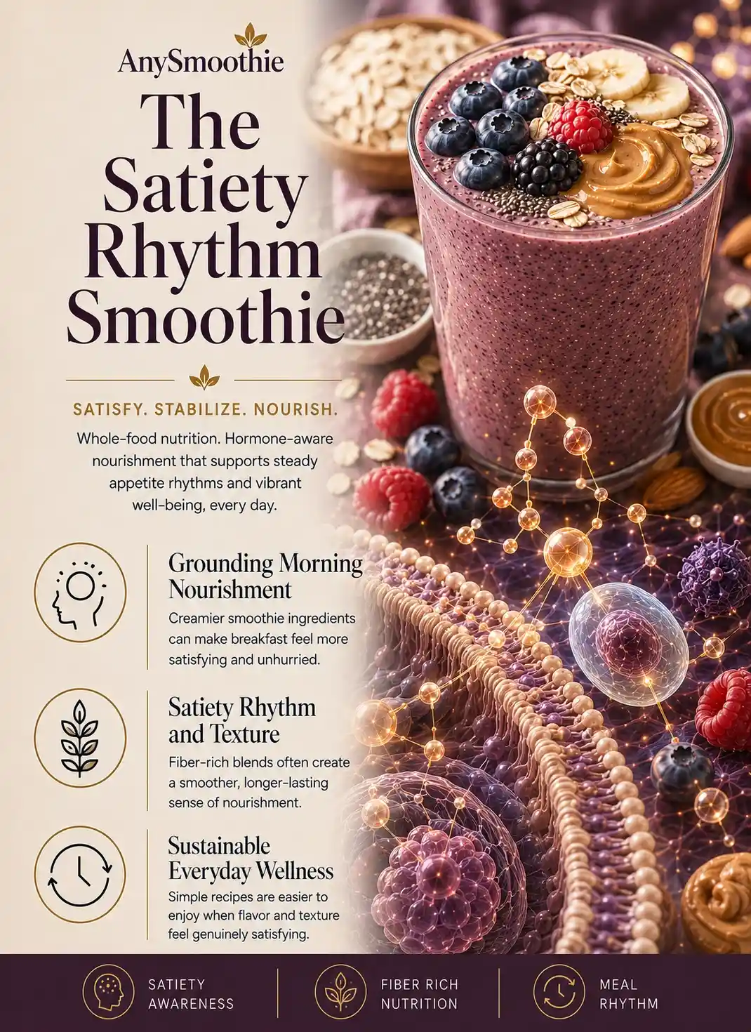 Premium wellness-science editorial infographic for smoothie for hormone mediated satiety signals featuring oat, berry, and nut-butter smoothie nutrition, fiber-rich nourishment, appetite rhythm awareness, and cinematic satiety-signaling-inspired biological visuals.