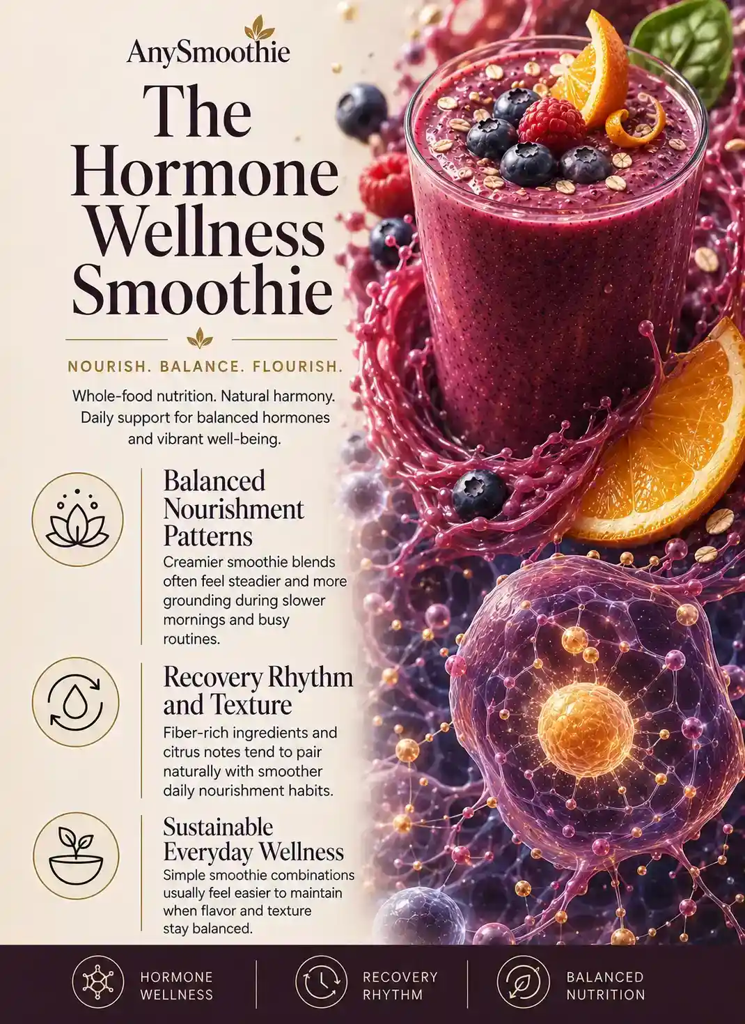 Premium wellness-science editorial infographic for smoothie for hormone metabolism featuring berry and citrus smoothie nutrition, balanced nourishment wellness, restorative recovery rhythms, and cinematic endocrine-inspired biological visuals.