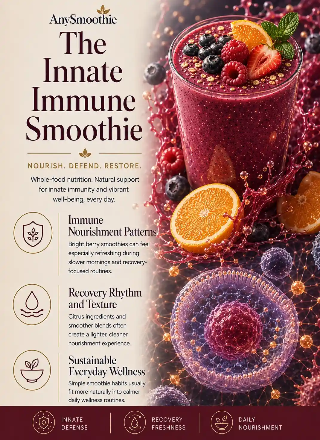 Premium wellness-science editorial infographic for smoothie for innate immune signaling featuring berry and citrus smoothie nutrition, restorative immune wellness, hydration-focused nourishment, and cinematic immune-signaling-inspired biological visuals.