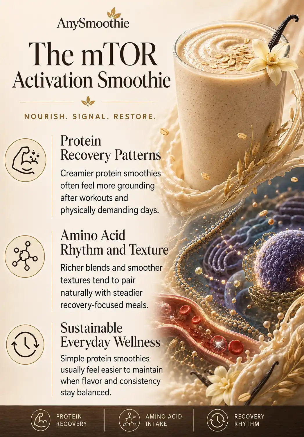 Premium wellness-science editorial infographic for smoothie for mtor activation featuring protein recovery nutrition, amino acid intake patterns, creamy whole-food protein smoothie textures, and cinematic intracellular-inspired biological visuals in a luxurious oat-beige design.