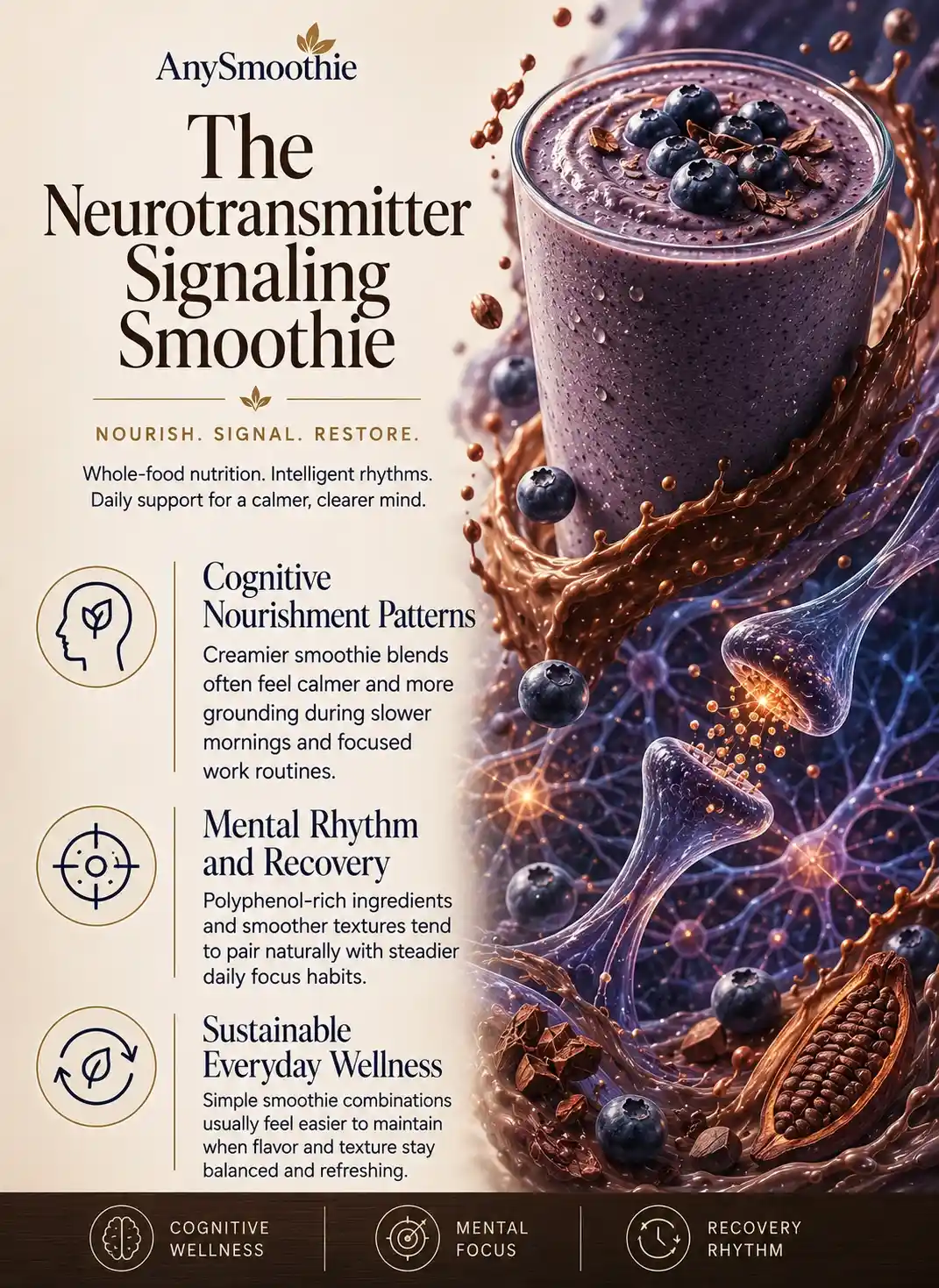 Premium wellness-science editorial infographic for smoothie for neurotransmitter signaling featuring blueberry and cacao smoothie nutrition, cognitive wellness support, calming focus rhythms, and cinematic synaptic-inspired biological visuals.