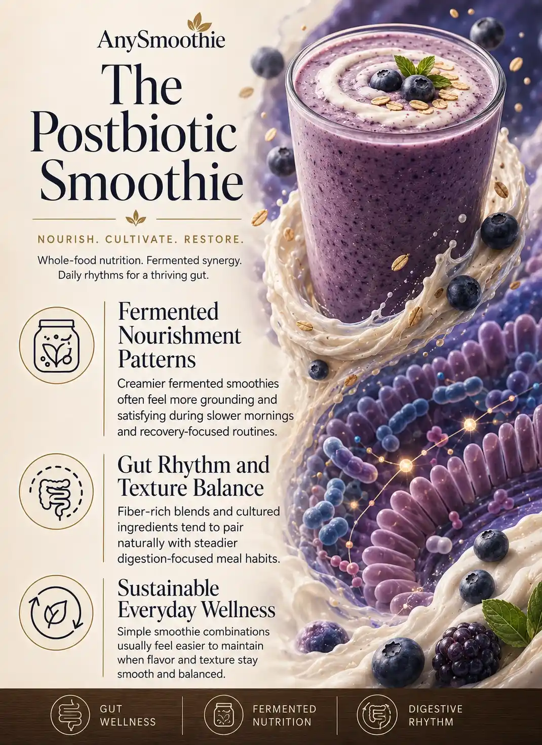 Premium wellness-science editorial infographic for smoothie for postbiotic production featuring fermented smoothie nourishment, fiber-rich gut wellness nutrition, cultured ingredients, blueberry yogurt textures, and cinematic microbiome-inspired biological visuals.