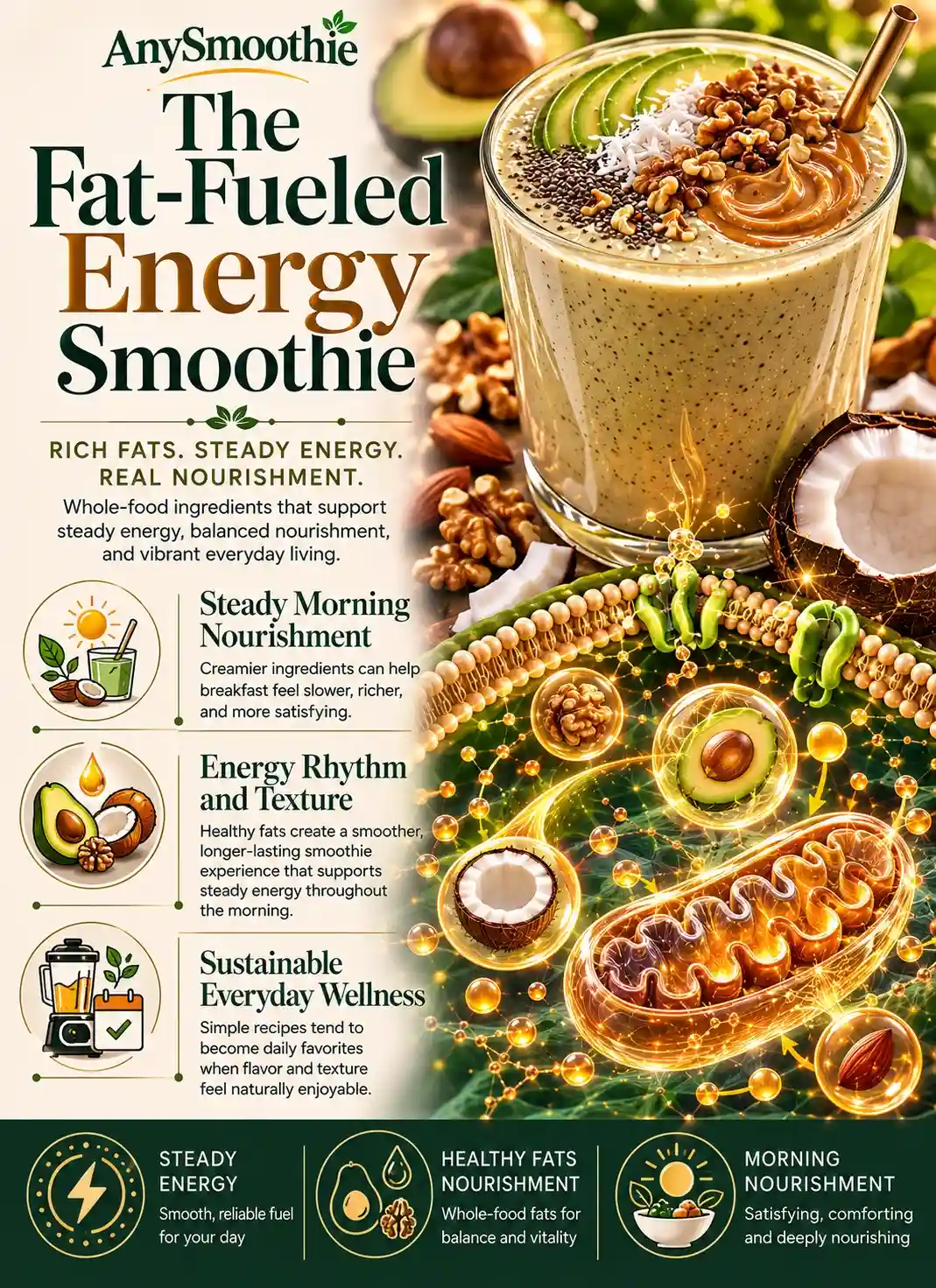 Premium wellness-science editorial infographic for smoothie protocols for lipid-based energy featuring avocado, coconut, and nut-based smoothie nutrition, steady energy wellness, healthy fat nourishment, and cinematic mitochondrial-inspired biological visuals.