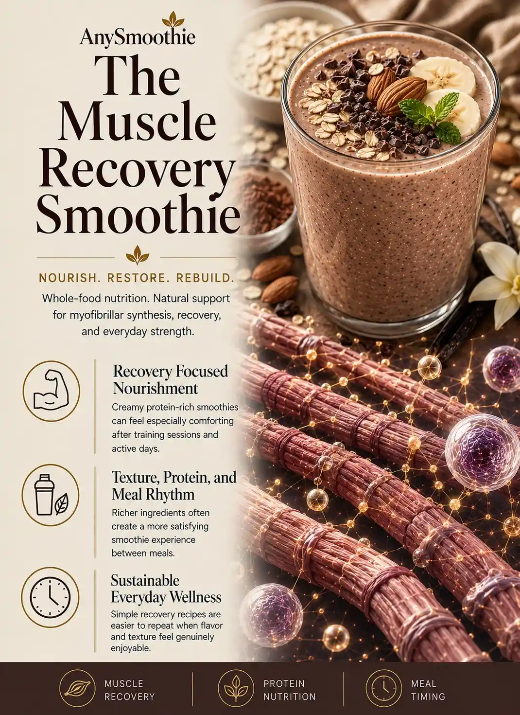 Premium wellness-science editorial infographic for smoothie protocols for myofibrillar synthesis featuring protein-rich smoothie nutrition, muscle recovery wellness, balanced meal timing, and cinematic muscle-fiber-inspired biological visuals.