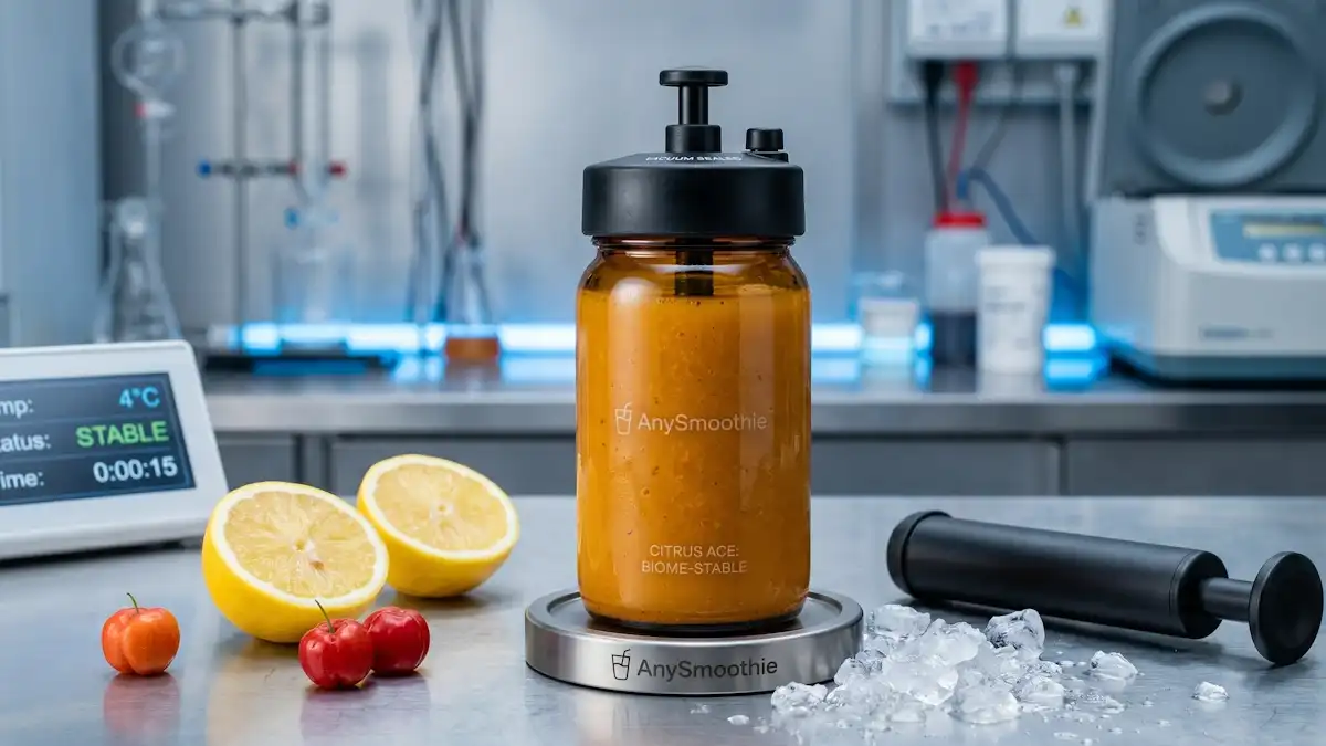 AnySmoothie amber borosilicate glass bottle with vacuum-pump lid on a brushed-titanium coaster, demonstrating advanced smoothie storage and micronutrient stability in a high-tech clinical laboratory setting.