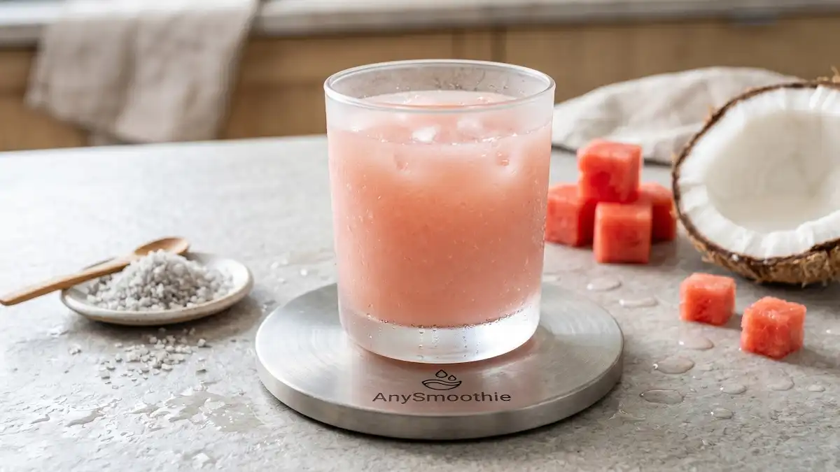 High-performance AnySmoothie watermelon and coconut water smoothie in a frosted glass on a titanium coaster, highlighting cellular hydration and electrolyte flux through ionic precision.