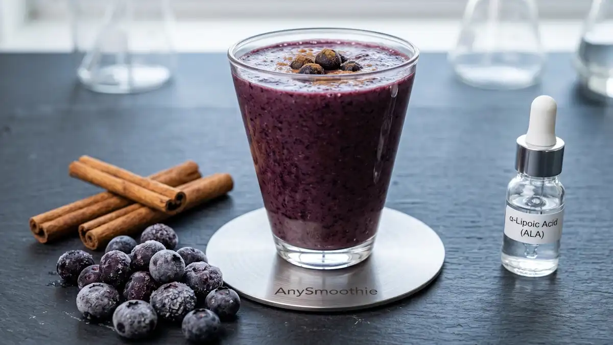High-performance AnySmoothie shot of a wild blueberry and cinnamon blend in a tapered glass on a titanium coaster, featuring Alpha-Lipoic Acid and frozen berries to illustrate smoothie strategies insulin sensitivity and cellular efficiency.