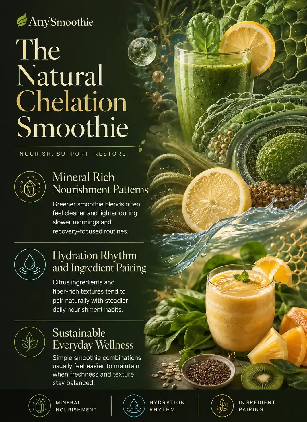 Premium wellness-science infographic illustrating bio smoothie logic for natural chelation support with green smoothies, citrus ingredients, mineral-rich nourishment patterns, hydration rhythms, intracellular-inspired botanical environments, and sustainable whole-food wellness routines.