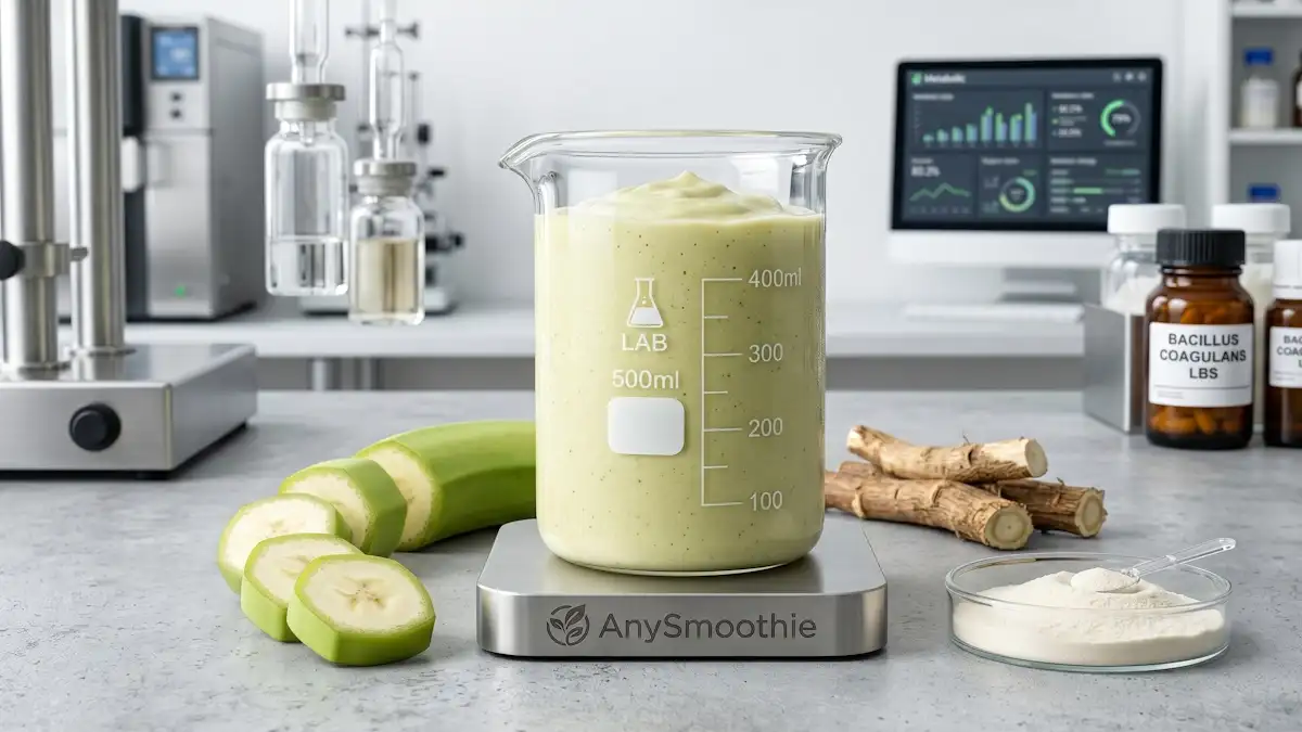 A sharp laboratory shot of a pale-green banana and almond milk smoothie for postbiotic production inside a technical glass beaker with a laser-etched AnySmoothie logo, surrounded by raw chicory root and apple pectin.