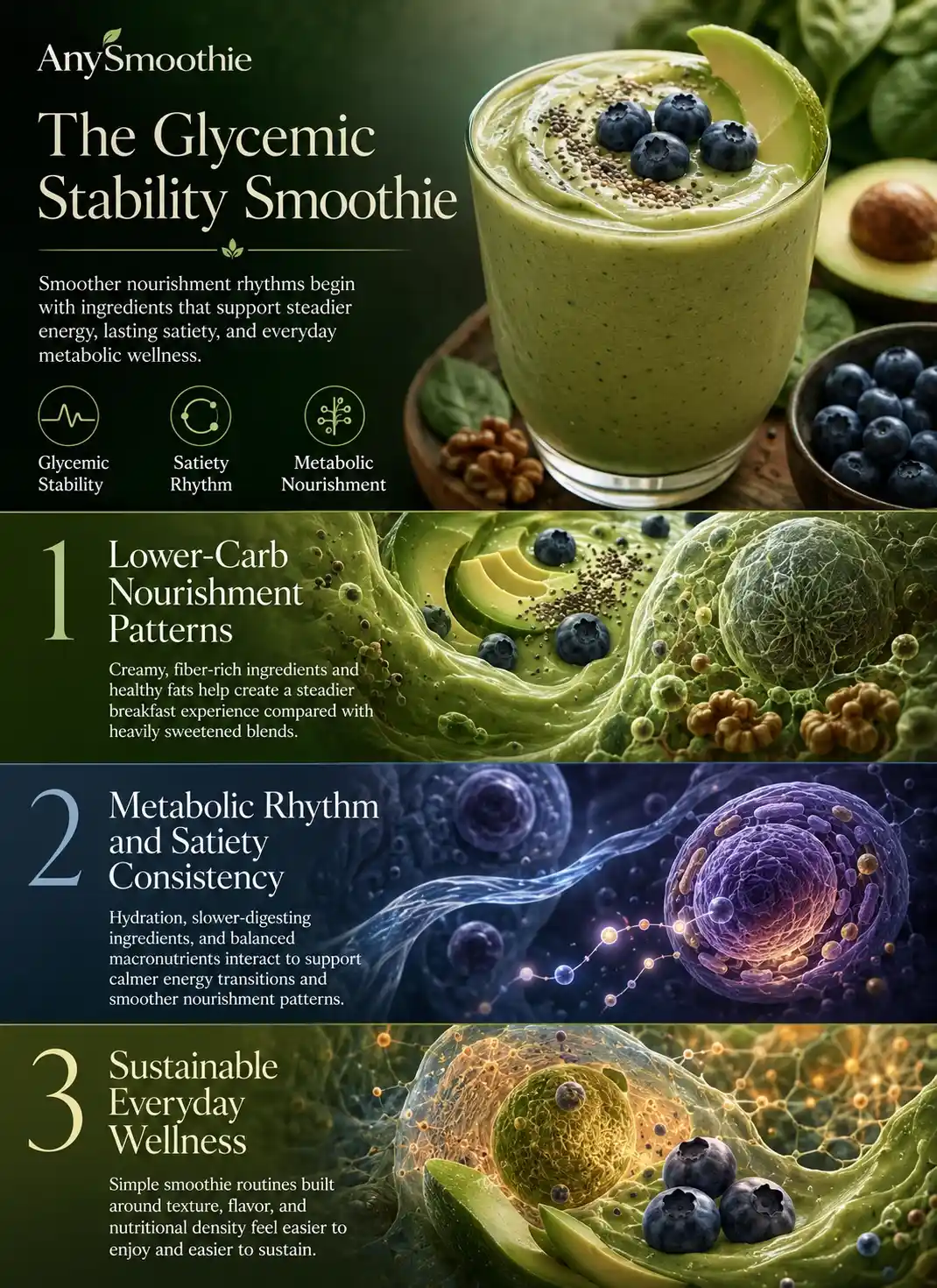Premium wellness-science infographic showing low-carb smoothie formulations for glycemic stability with avocado, blueberries, fiber-rich ingredients, metabolic wellness visuals, satiety rhythm concepts, and cinematic intracellular-inspired nourishment environments.