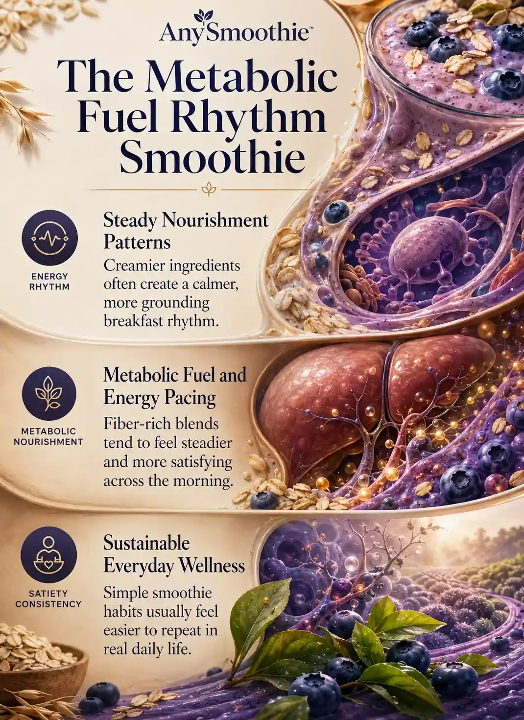 Premium wellness-science infographic showing a smoothie for gluconeogenesis regulation with oat textures, blueberries, metabolic fuel rhythm visuals, steady nourishment patterns, and cinematic intracellular-inspired wellness storytelling.