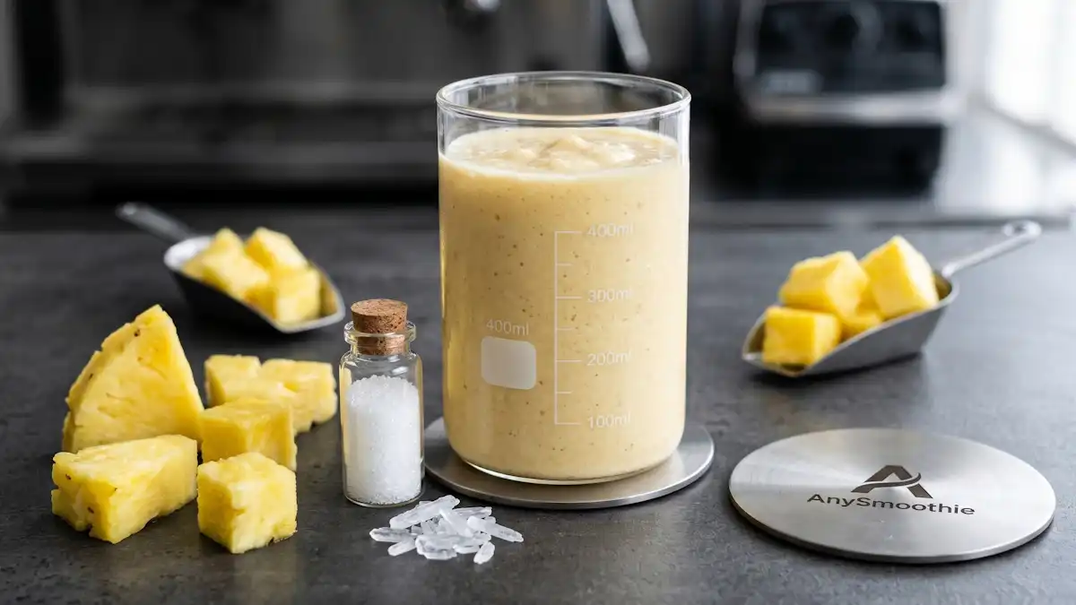 High-performance pineapple and bone broth protein smoothie for joint lubrication, served in a minimalist glass beaker on a laser-etched AnySmoothie titanium coaster, surrounded by fresh pineapple chunks, a hyaluronic acid vial, and MSM crystals.