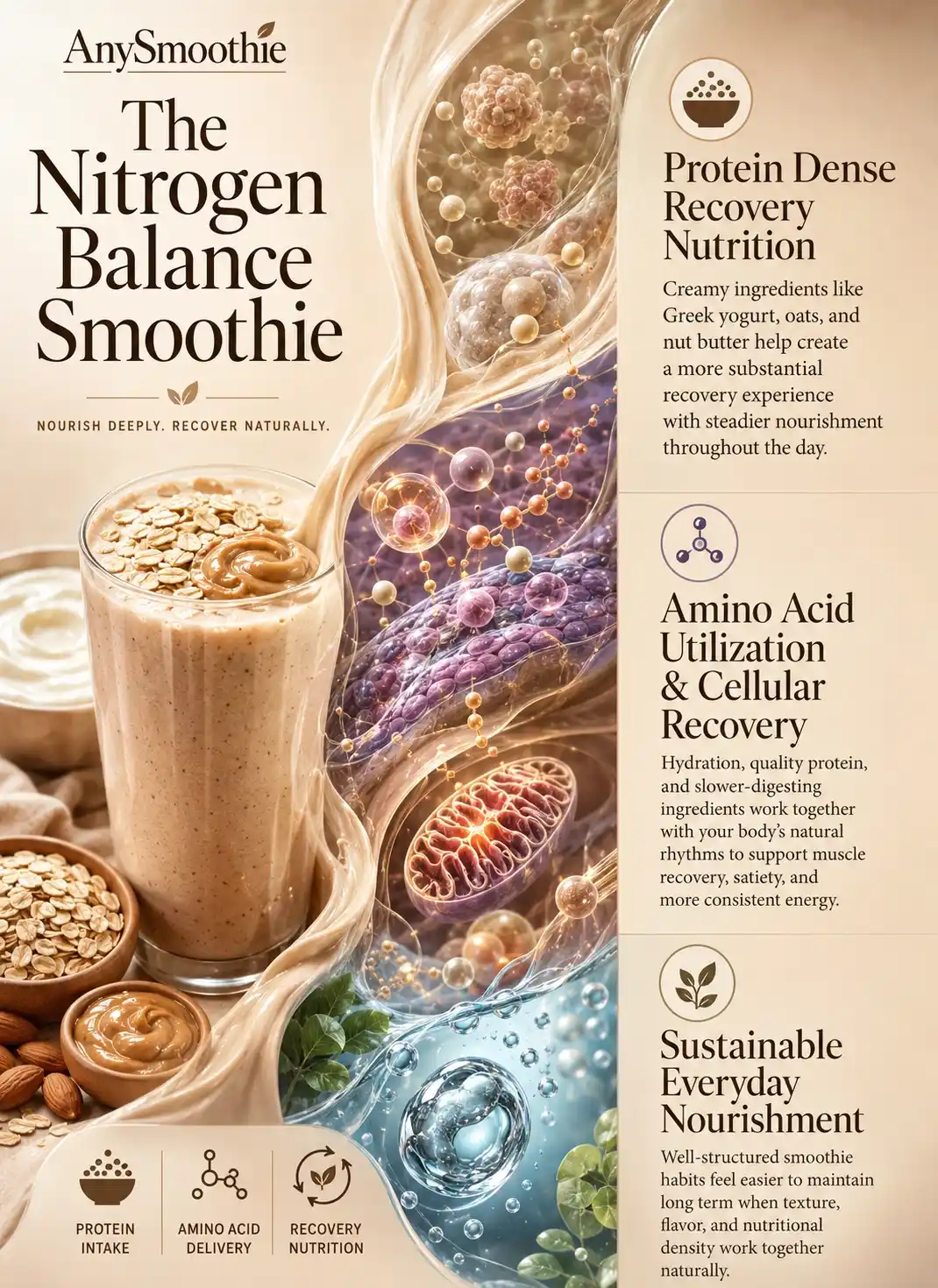 Premium wellness-science infographic titled “The Nitrogen Balance Smoothie” illustrating protein smoothies for maximizing nitrogen balance with Greek yogurt, oats, nut butter, amino acid delivery, cellular recovery visuals, and cinematic intracellular-inspired nutrition storytelling.
