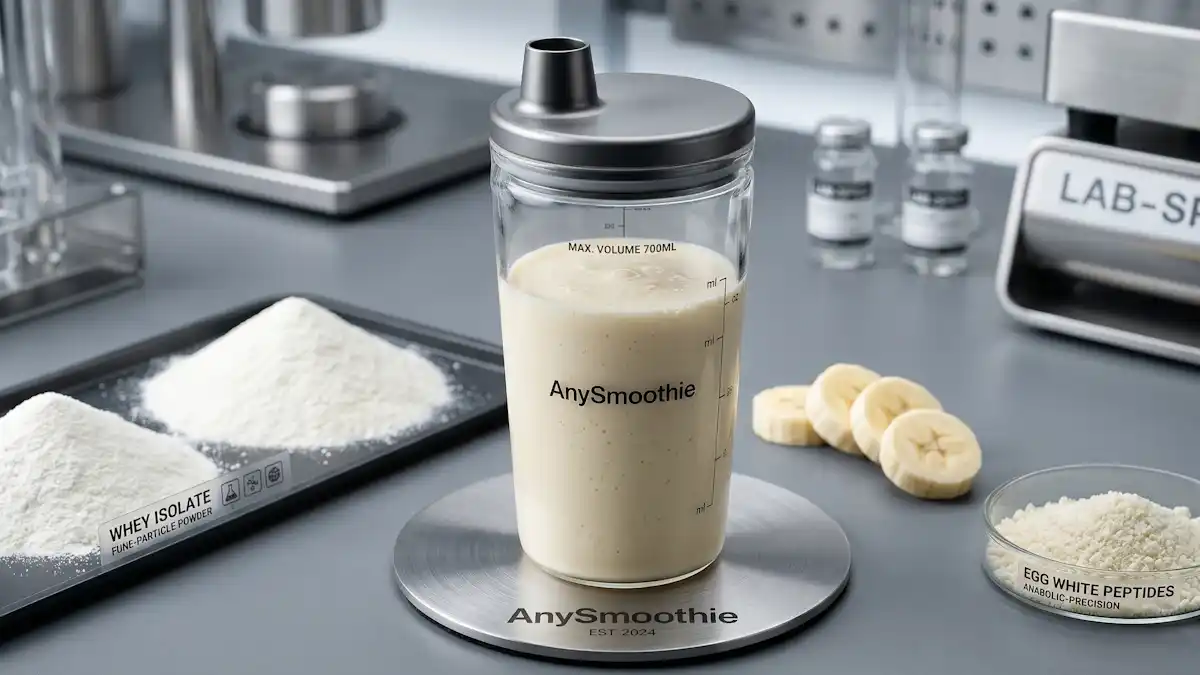 Clinical lab shot of an ivory AnySmoothie protein shake in a technical glass shaker on a titanium coaster, surrounded by whey isolate powder, egg white peptides, and banana slices, showcasing protein smoothies for maximizing nitrogen balance.