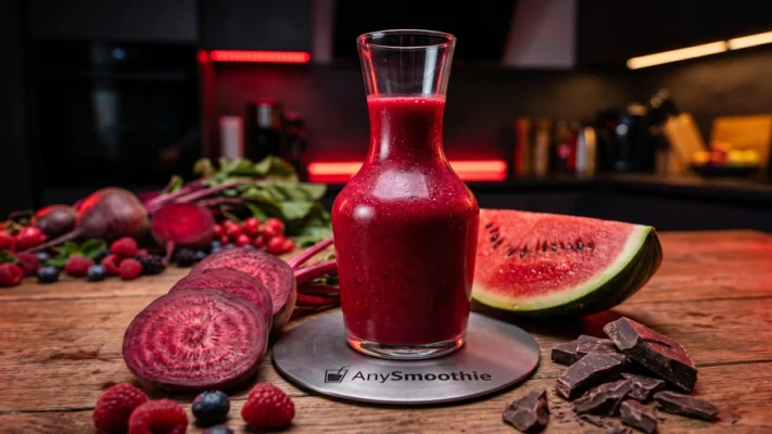 Vibrant crimson beetroot and berry smoothie in a minimalist glass decanter on a titanium coaster, styled to represent optimized nitric oxide flux and supporting endothelial function for high-performance physiological systems.