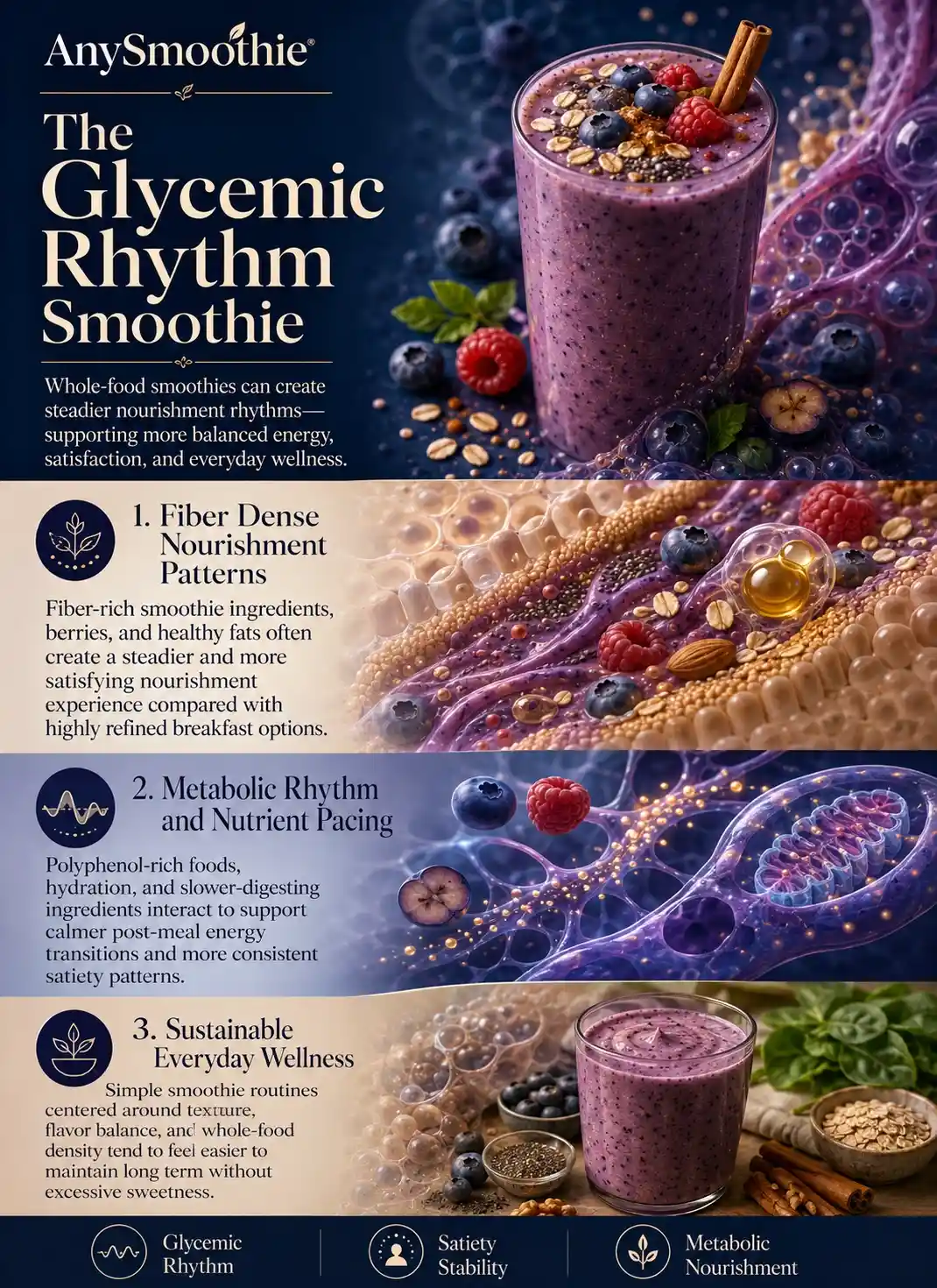 Premium wellness-science infographic showing a berry smoothie for alpha glucosidase inhibition, illustrating glycemic rhythm stability, fiber-dense nourishment patterns, metabolic pacing, satiety balance, and lower-glycemic smoothie nutrition in a cinematic biological editorial style.