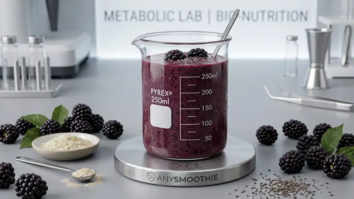 A high-performance dark-violet blackberry and chia seed smoothie inside a borosilicate glass beaker, formulated as a functional smoothie for alpha glucosidase inhibition and metabolic precision, placed on an AnySmoothie branded titanium coaster.