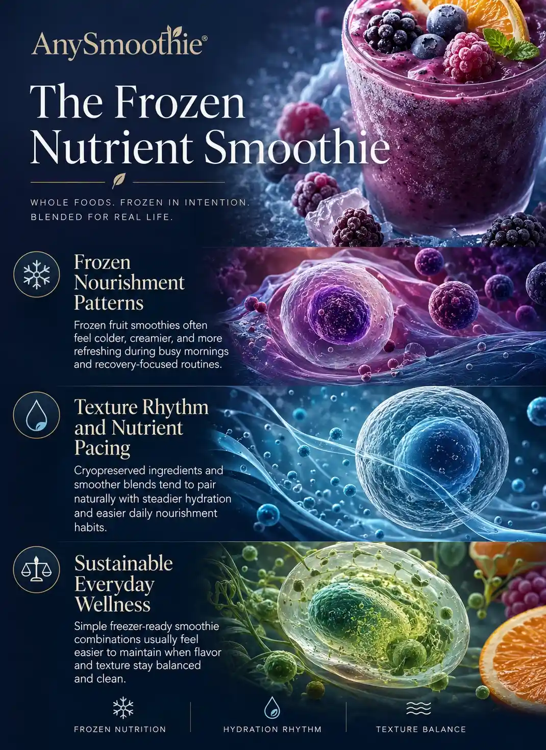 Premium wellness-science infographic showing a smoothie for cryopreserved nutrient density with frozen berries, citrus textures, hydration-inspired biological visuals, and restorative whole-food nourishment concepts.