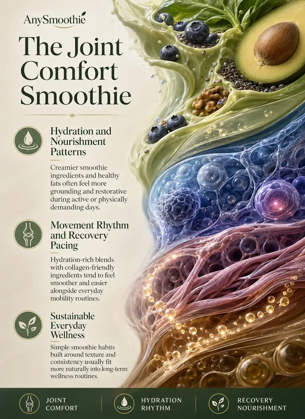 Premium wellness-science infographic showing a smoothie for gluconeogenesis regulation with avocado, blueberries, hydration-inspired biological textures, connective tissue visuals, and joint comfort nourishment concepts in an elegant editorial design.
