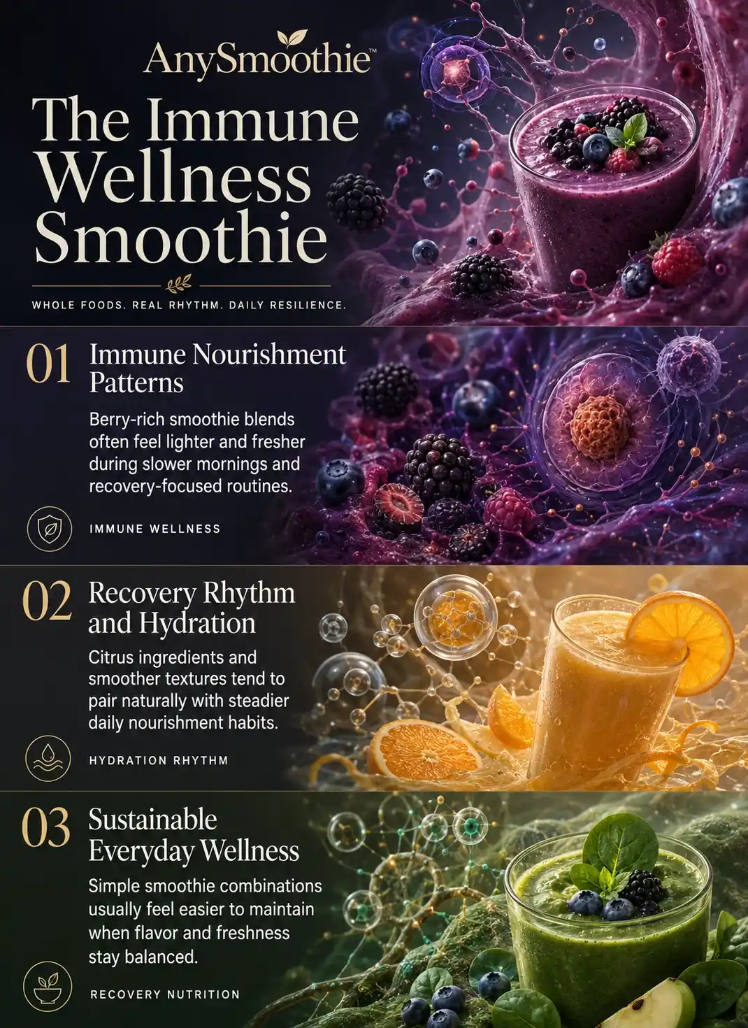 Premium wellness-science infographic for smoothie for immunomodulation featuring berry and citrus smoothies, immune wellness nutrition patterns, hydration rhythm, recovery-focused nourishment, and cinematic intracellular-inspired biological visuals.
