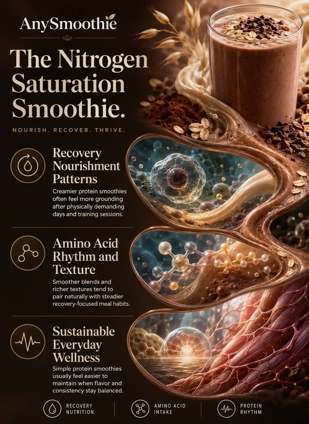 Premium wellness-science infographic for smoothie for nitrogen saturation featuring protein-rich recovery smoothie textures, amino acid nourishment patterns, intracellular-inspired biological visuals, cacao and oat nutritional elements, and sustainable recovery-focused wellness nutrition.